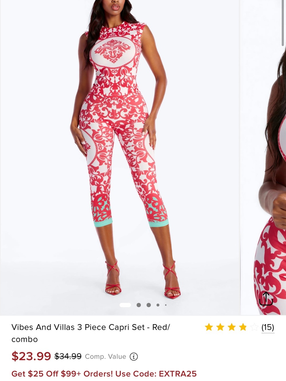 Fashion Nova Red and White Printed Capri Jumpsuit with Mint Trim